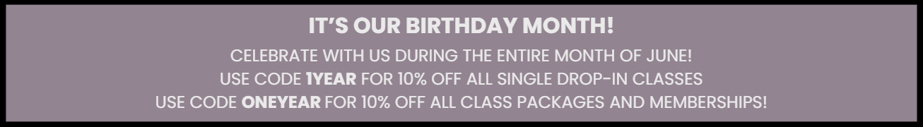 A banner celebrating MPR Fitness turing one year old with a promotion. Use code 1YEAR for 10% off all single drop in classes or use code ONEYEAR for 10% off all class packages and memberships.